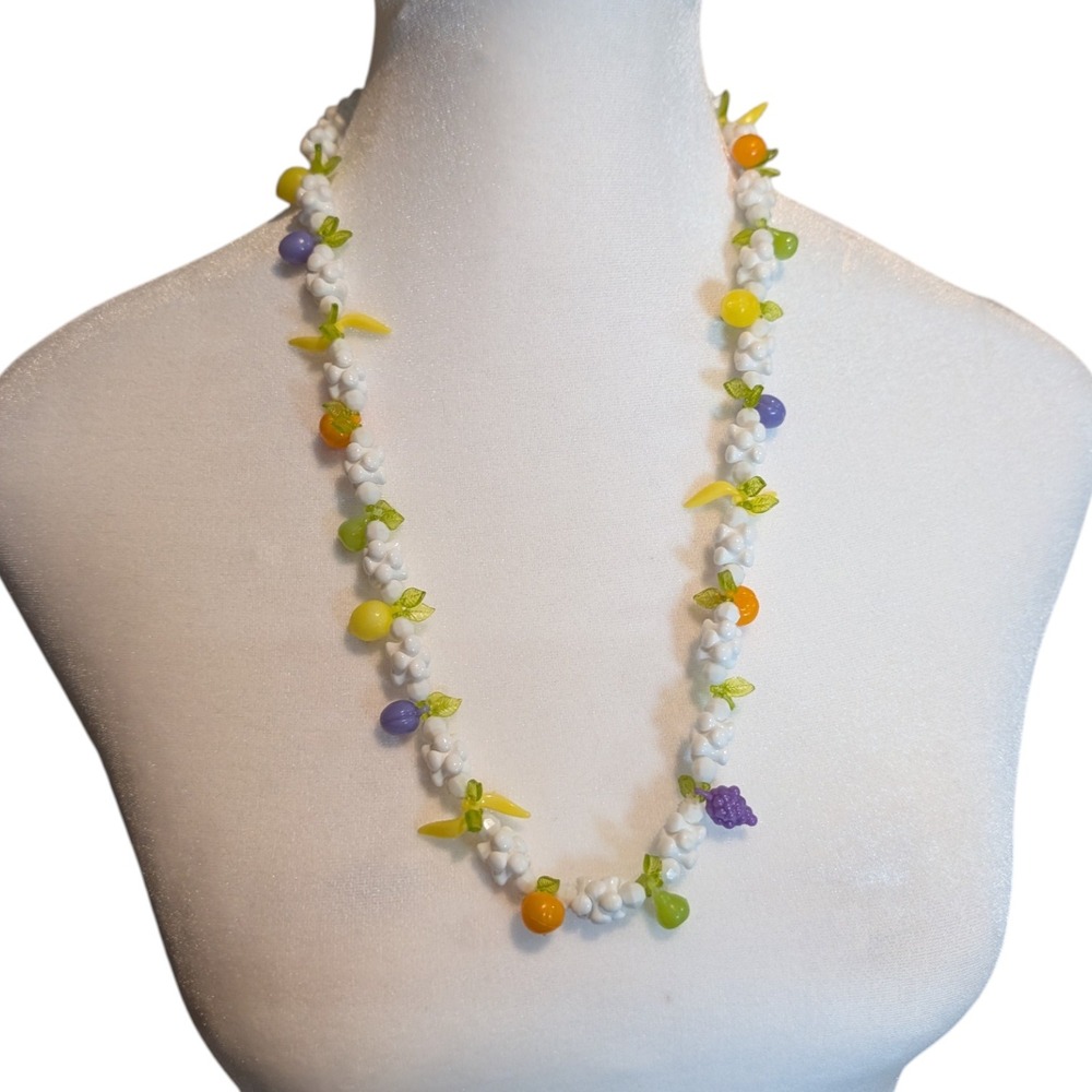 Vintage Style Fruit Salad Plastic Bead Necklace White Popcorn Grapes Bananas